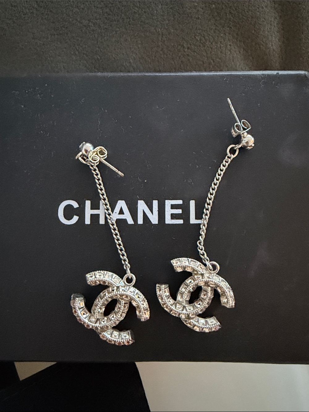 CHANEL Silver Crystal Double-C Chain Drop Earrings